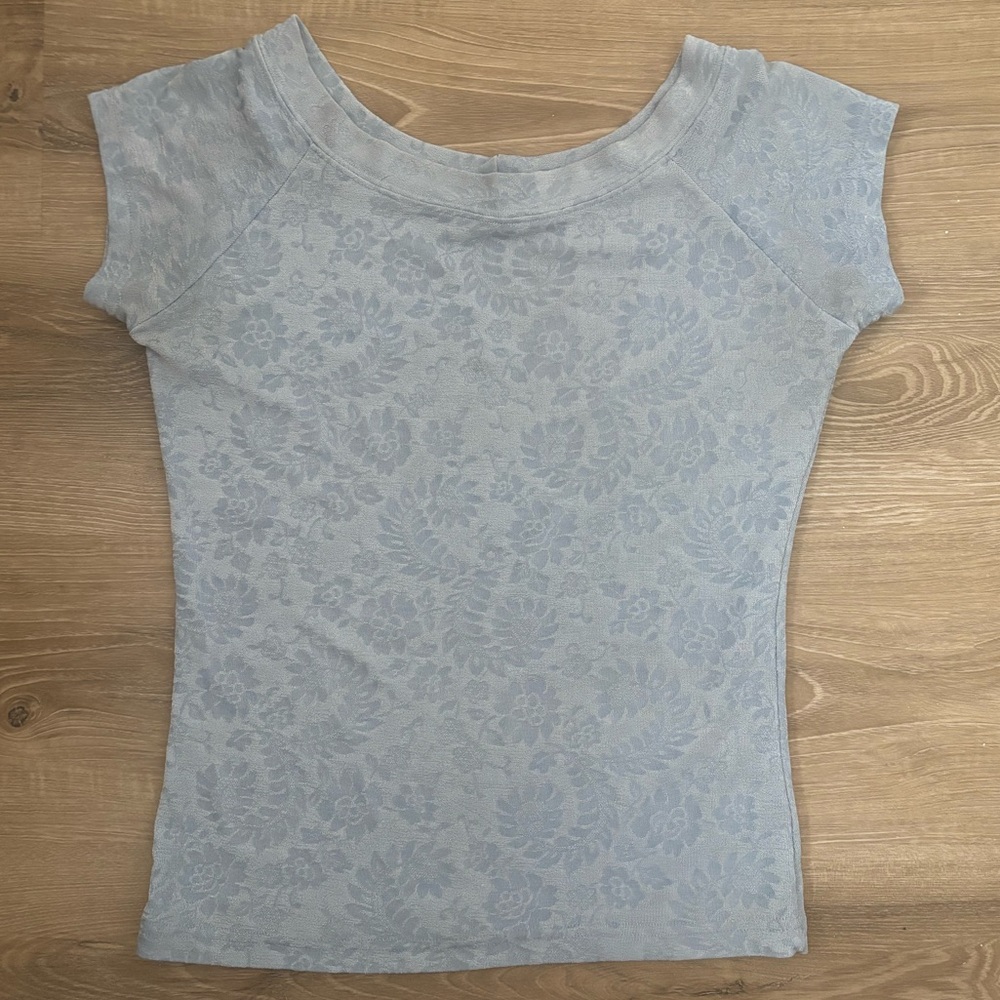 Vintage Y2K Baby Blue Floral Boatneck Cap Sleeve Fitted Top